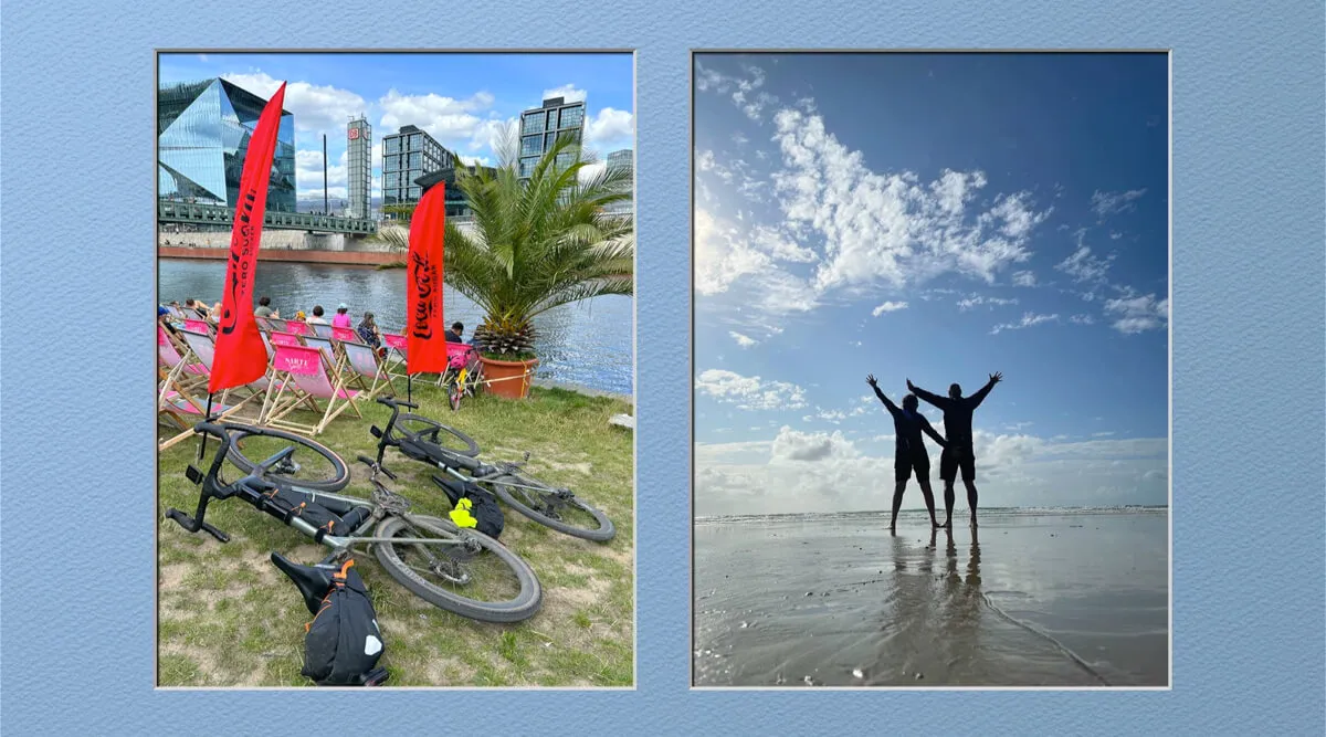 a collage of a beach with bicycles and people