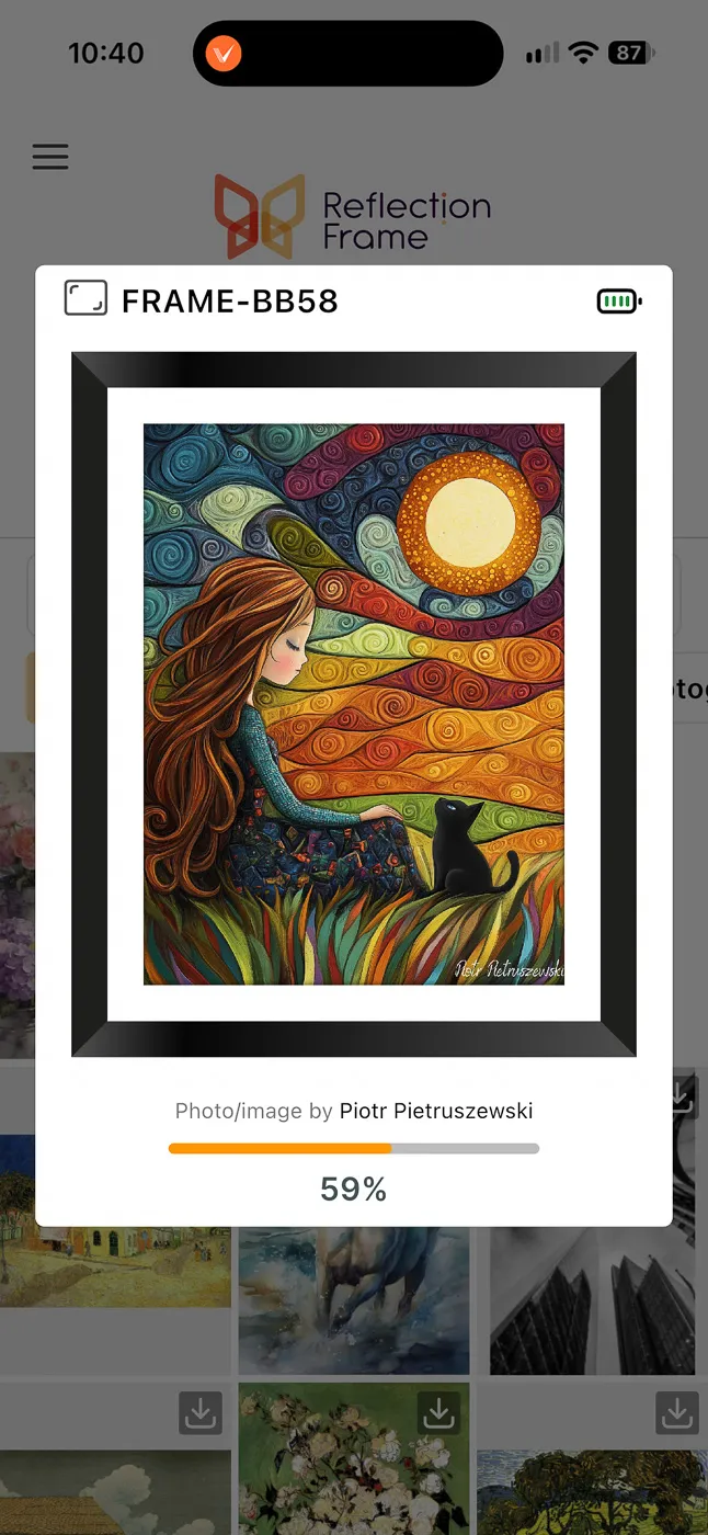 The Reflection Frame iPhone app sending an artwork from the free gallery to the frame